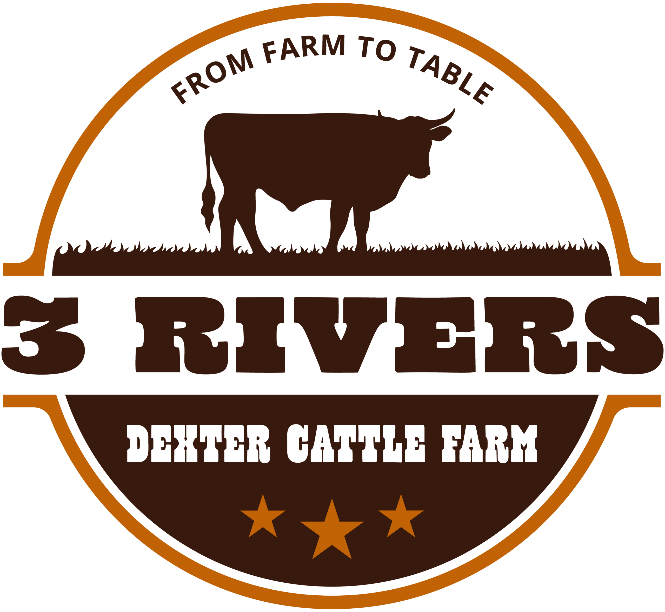 Logo of 3 Rivers Dexter Cattle Farm featuring a silhouette of a Dexter cow, emphasizing the farm's commitment to sustainable agriculture with the tagline "From Farm to Table."